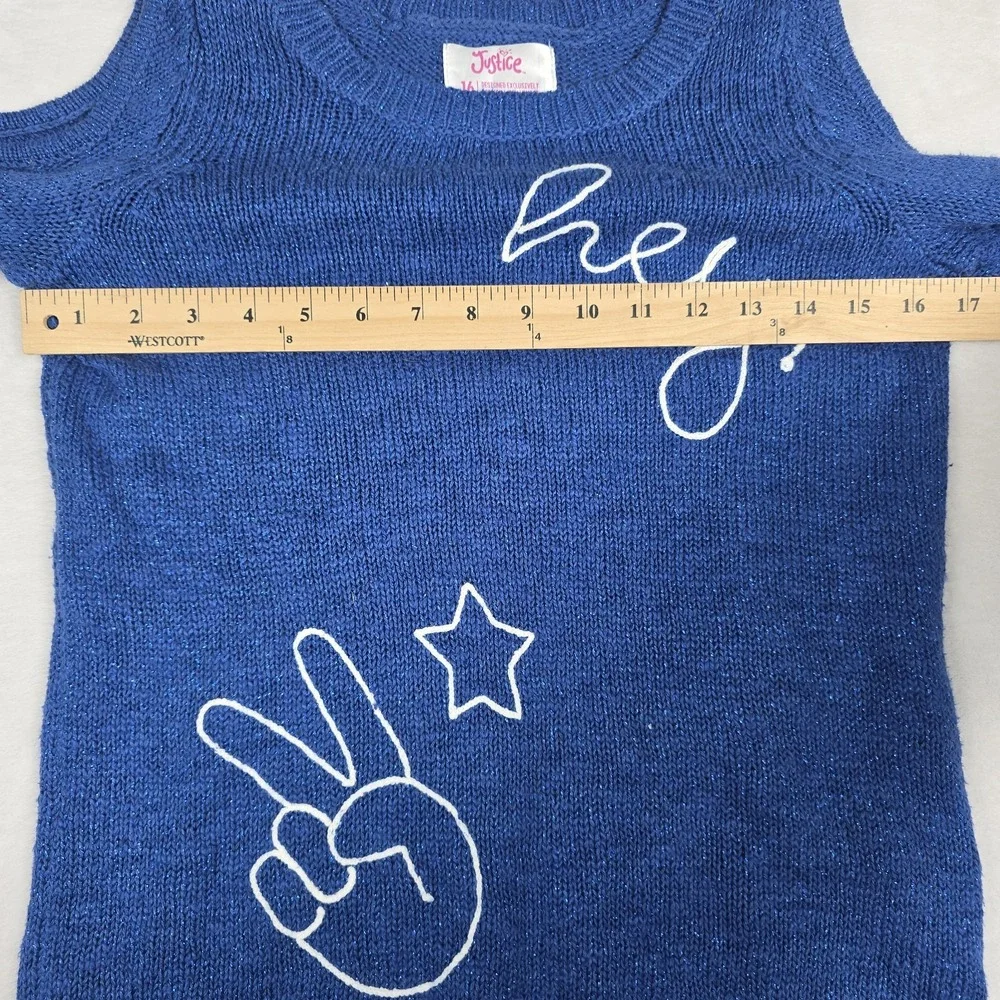 Justice Girls Blue Sparkle Cold Shoulder Graphic Sweater Size 16 Peace Star Hey
